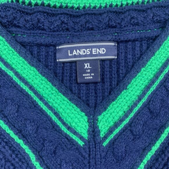Lands' End Lofty Bobbie Navy Blue Green V-Neck Tennis Sweater Women's XL - Picture 2 of 7